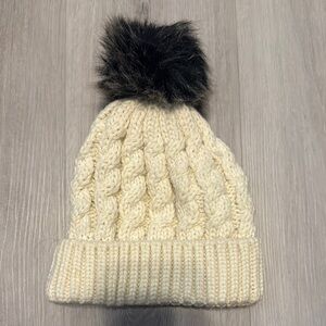 BDG Cream and Black Chunky Knit Hat with Pom-Pom